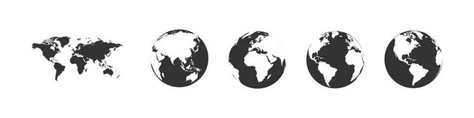 Earth globe collection. Set of black earth globes with map. World map icons in flat design. Earth globe in modern simple style. World maps for web design