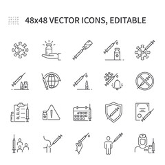 Simple vector line icons. On Vaccine Theme Contains Icons Such As Vaccination, Medicines, Covid 19, Covid Vaccine, Virus, Nurse, More.