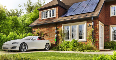Beautiful house with solar panels and electric car