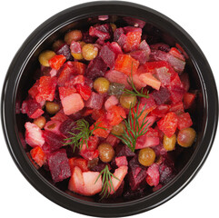Fresh salad in a disposable round plastic black bowl top view on a white background
