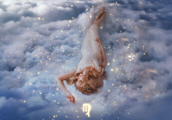 Fantasy woman holy goddess lies dreaming on white clouds, girl in image of zodiac sign Virgo....