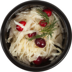 Fresh salad in a disposable round plastic black bowl top view on a white background