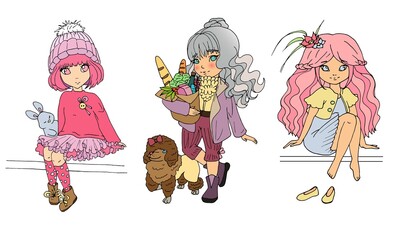 vector set with cute cartoon anime girls, sticker pack. Set of illustration