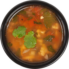 Fresh soup in disposable round plastic black bowl top view on white background