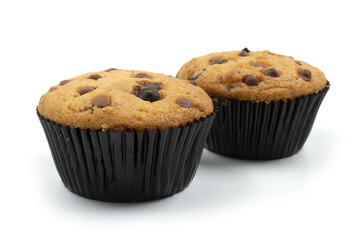 Two Chocolate chip muffins cake isolated on white background