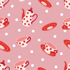 Meubelstickers vector seamless pattern with cute cartoon dishes, cozy print © Deell