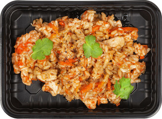 Fried rice with meat in a disposable rectangular plastic black lunch box top view on a white background