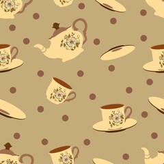 vector seamless pattern with cute cartoon dishes, cozy print