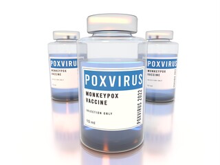 Monkeypox pox poxvirus vaccine glass bottles. Three bottles on white background with reflection. 3D illustration. Teal orange gamma. Wide angle lens.