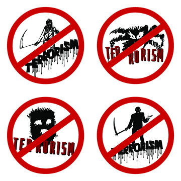 Stop Terrorism Signs. Men in mask, black spider, face of horror.  Terrorism Text Icons in red frame isolated on the white background. Set. Vector illustration on the theme of war and terrorism. 
