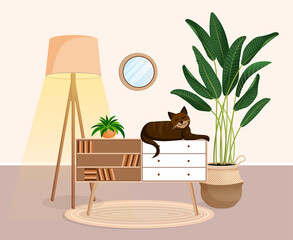 Cute brown cat sits on the chest. Living room interior with animal, ficus, lamp and home decor. Vector illustration of a room without people.