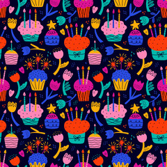 Happy birthday abstract seamless pattern. Colorful shapes and elements on black background. Doodle icons. Bday cake, flowers, heart, star, dots. Hand drawn modern vector illustration in pop art style.