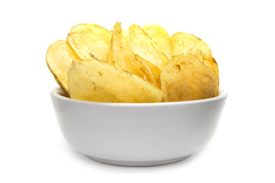 Bowl of potato chips isolayed on white background