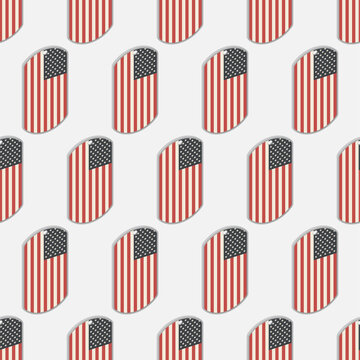 Military dog tag tokens of American army with flag of the United States. Isometric vector illustration for Veterans Day 11 November seamless pattern