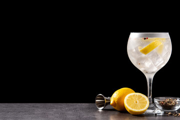 Gin tonic cocktail drink into a glass on black background. Copy space - obrazy, fototapety, plakaty