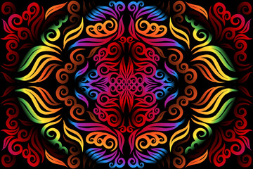 Beautiful glow rainbow colour caleidoscope gradient flower line art pattern wallpaper of indonesian traditional abstract batik  ethnic dayak ornament for commercial  ads