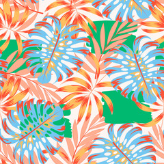 Fashionable tropical seamless pattern with bright plants and leaves on a white background. Summer colorful hawaiian seamless pattern with tropical plants. Tropical botanical. Beautiful exotic plants. 