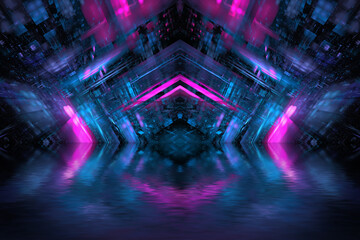 Abstract futuristic background bright neon color. Glowing elements of the building and background, digital future, fantasy. Digital technologies in design. 3d render