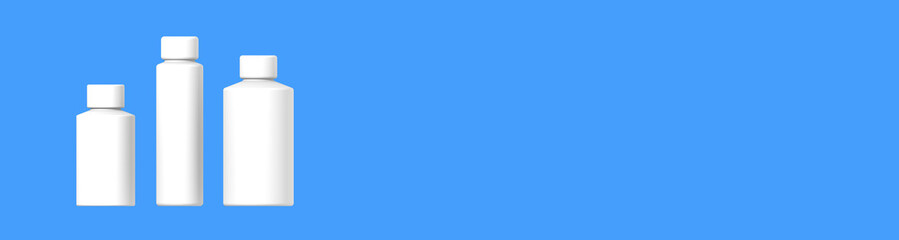 White cosmetic bottles, isolated on a blue background. Cosmetic packaging. Three containers for cosmetics. Banner for insertion into site. Place for text cope space. 3d image. 3d rendering.