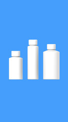 White cosmetic bottles, isolated on a blue background. Cosmetic packaging. Three containers for cosmetics. Vertical image. 3d image. 3d rendering.