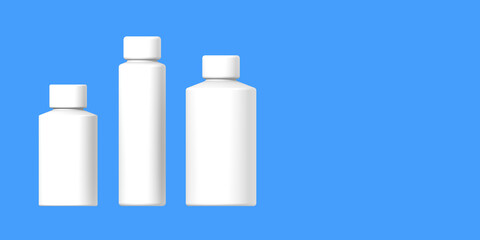 White cosmetic bottles, isolated on a blue background. Cosmetic packaging. Three containers for cosmetics. Banner for insertion into site. Place for text cope space. 3d image. 3d rendering.