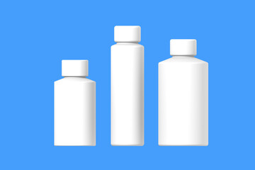 White cosmetic bottles, isolated on a blue background. Cosmetic packaging. Three containers for cosmetics. Horizontal image. 3d image. 3d rendering.