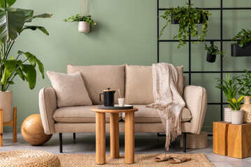 The stylish composition at living room interior with design beige sofa, wooden coffee table, plants and elegant personal accessories. Brown pillow and plaid. Cozy apartment. Home decor.