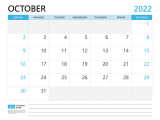 Calendar planner 2022 template, October 2022 year, week start on Sunday, Desk calendar 2022 design, simple and clean design, Wall calendar, Corporate design planner template vector