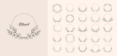 Set of floral decoration wreath and round labels. Branch and minimalist flowers. Hand drawn line wedding herb, elegant leaves for invitation save the date card. Botanical rustic trendy