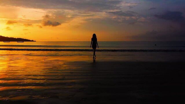 silhouette of a beautiful attractive woman walking the beach during colorful sunset
