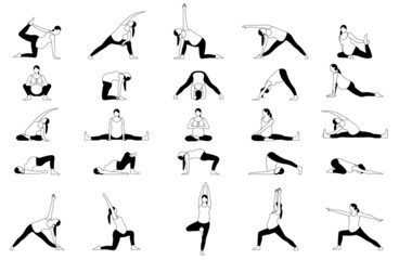 Big set of yoga poses for pregnant woman in flat vector out line black and white style