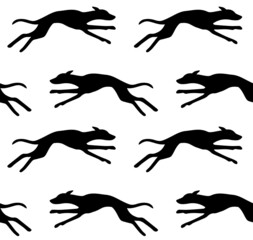 Vector seamless pattern of hand drawn running whippet dog silhouette isolated on white background