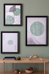 The stylish boho compostion at living room interior with wooden console and elegant personal accessories. Mock up poster. Plants in cozy apartment. Home decor. Template. .