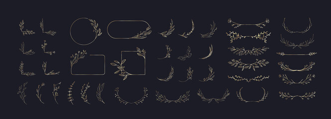 Set of elegant floral logo elements. Borders and dividers, frame corners and branch. Boho Hand drawn line wedding herb, leaves for invitation save the date card. Botanical rustic trendy greenery