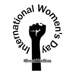 Break The Bias campaign. Female hand with fist raised up in protest black silhouette isolated on white background. International Women's Day. March 8. Vector illustration.