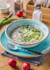 Okroshka on Served Table, Restaurant Traditional Food
