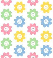 Vector seamless pattern of flat colorful flower with face isolated on white background