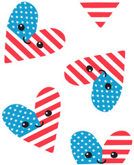 Vector seamless pattern of hand drawn flat American USA flag heart with face isolated on white background