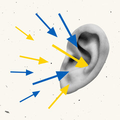 Contemporary art collage. Blue and yellow arrows aimed at human ear, information spreading