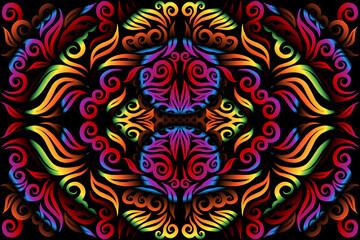 Beautiful glow rainbow colour caleidoscope gradient flower line art pattern wallpaper of indonesian traditional abstract batik  ethnic dayak ornament for commercial  ads