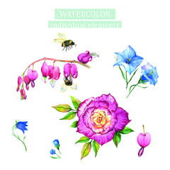 Bright summer feminine watercolor botanical floral painted fashionable stylish decorative vector set with bees and pink roses flowers and blue bells 01.