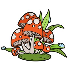 Poisonous fly agaric on moss and grass with dew color variation for coloring page isolated on white background