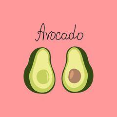 Vector illustration of an avocado fruit cut into two halves.