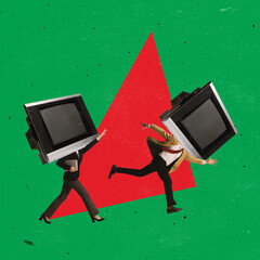 Contemporary art collage. Man and woman with retro TV head running away from each other to escpae...