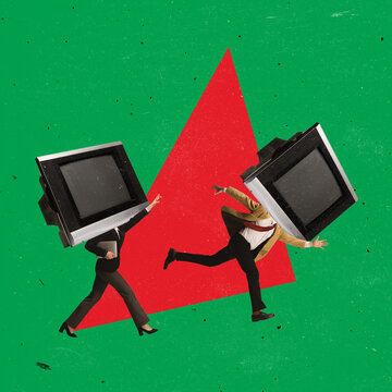 Contemporary Art Collage. Man And Woman With Retro TV Head Running Away From Each Other To Escpae Disinformation Isolated Over Green Background