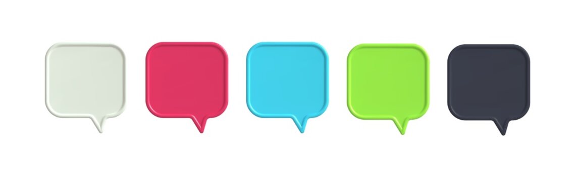 3d colorful speech bubble. Social media icons. Balloon message for chat, dialog, talk. Chatting box, speak bubble text, talking cloud. Vector realistic illustration