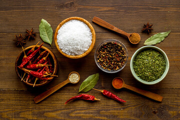 Set of colorful spices and herbs in bowls, top view