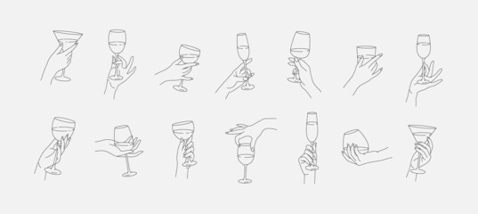 Collection of different woman hands gestures hold wineglass or drink cocktails. Minimal linear trendy style. Line icons or symbol of female hand for logo in restaurant or bar. Vector - obrazy, fototapety, plakaty