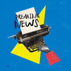 Contemporary art collage. Retro typewriter typing paper with breaking news, spreading information...