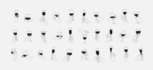 Fototapeta na wymiar Collection of different woman hands gestures hold wineglass or drink cocktails. Minimal linear trendy style. Line icons or symbol of female hand for logo in restaurant or bar. Vector